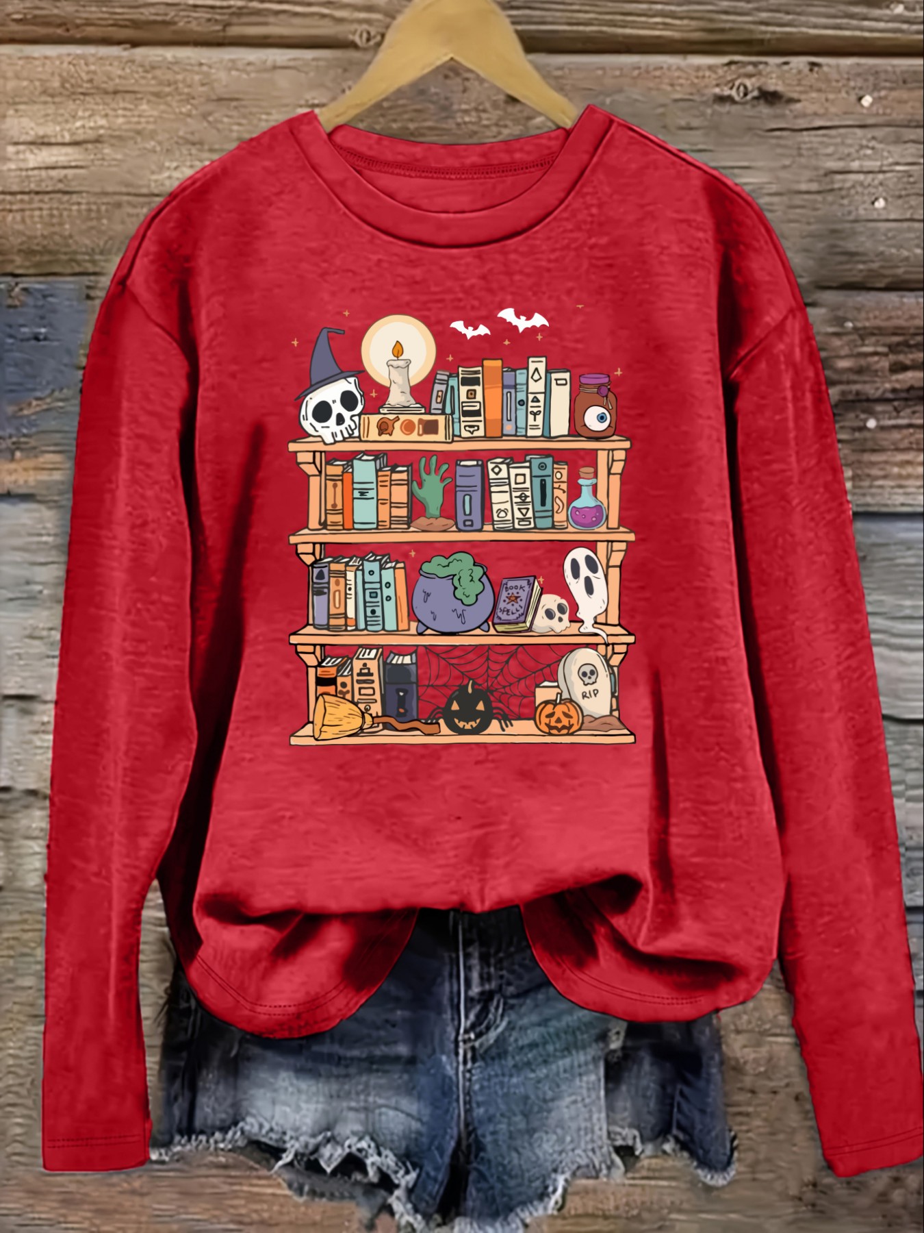 レディースカジュアル長袖クルーネックTシャツ、ハロウィン本棚 - Books のレビューと価格
